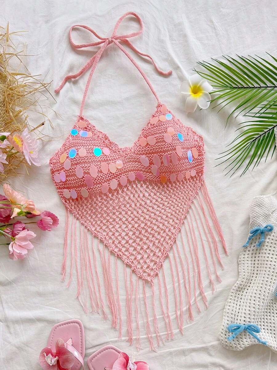 Soleia Áo dệt kim hở lưng cổ yếm đính sequin tua rua dành cho nữ - Hồng - Xem 1