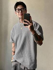 DAZY 男士圆领纯灰色纹理面料T恤，夏季款 - 灰色 - 查看 6