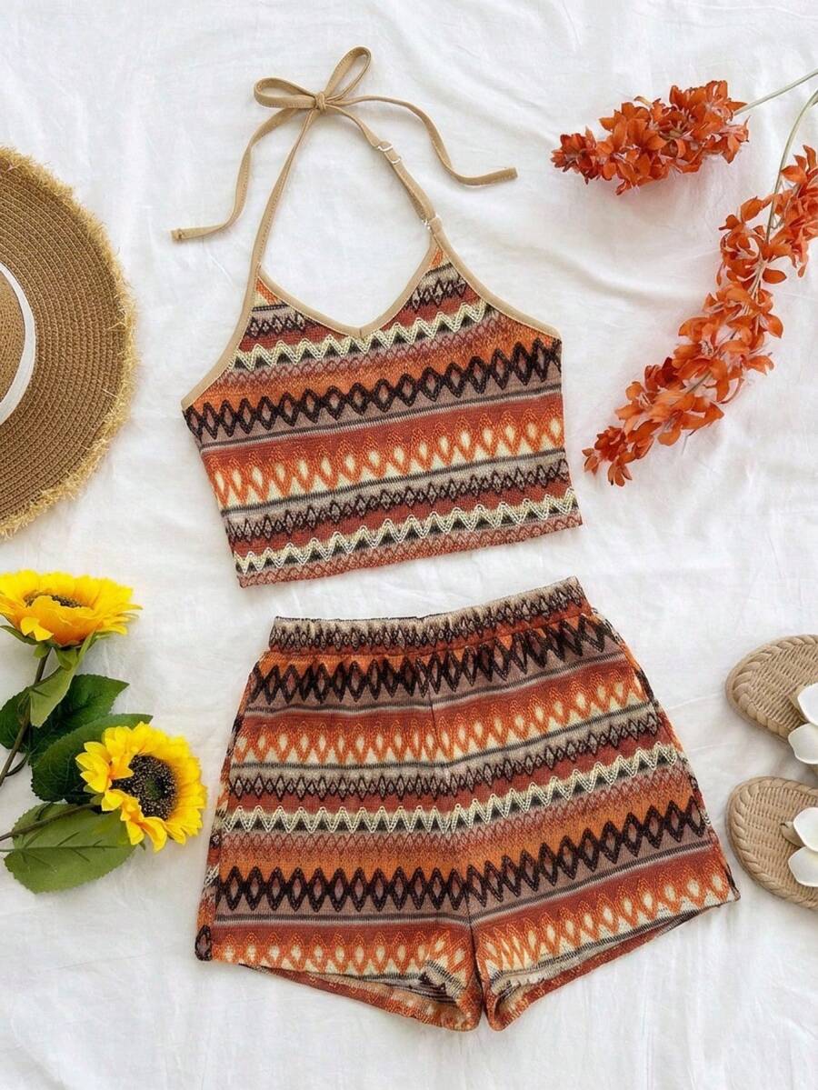 SHEIN Tween Girl Matching Casual Minimalist Comfortable Striped Halter Tank Top And Shorts Set - Khaki - View 1