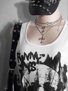 SHEIN ICON 大码女式骷髅头图案圆领休闲背心，夏季 - 白色 - 查看 5