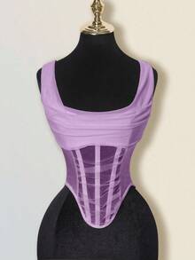 SHEIN ICON Mesh Plunging Neck Fishbone Bustier Camisole - Purple - View 3