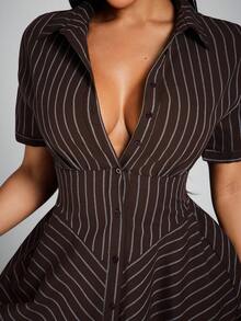 Radiana 女士春夏休闲短袖咖啡棕色条纹衬衫裙，百搭复古风，适合通勤、办公、日常休闲、购物、聚会等场合。 - 咖啡棕 - 查看 8