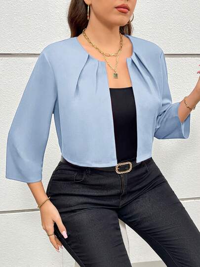 SHEIN Essnce Plus Size Women Autumn Hollowed Costumes Thanksgiving Business Casual Women Fall Fall And Winter New Style Fashionable And Elegant Commuting Office Work Solid Color Red 7-Quarter Sleeve Short Blazer