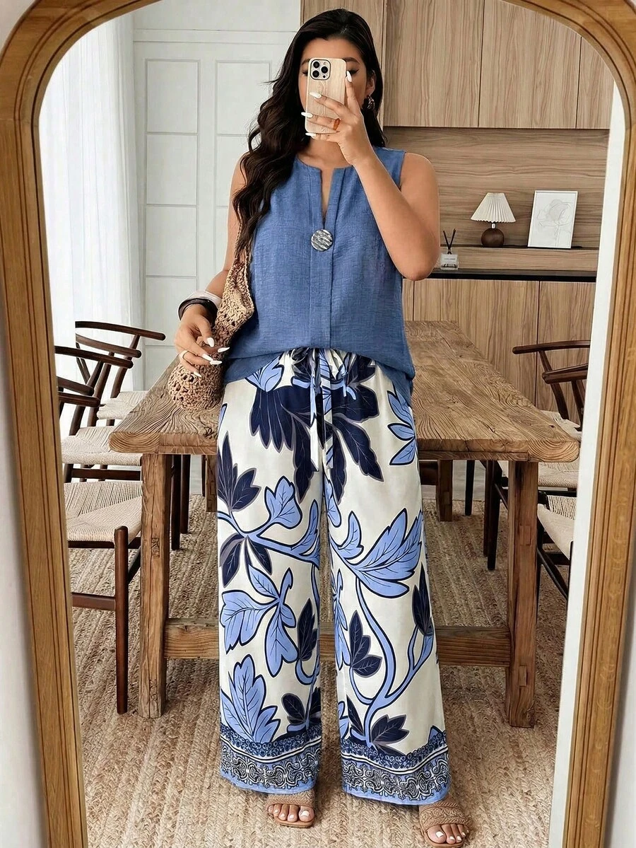 Weeklong Conjunto informal de 2 piezas con estampado floral y decoración de botones para mujer talla grande, primavera/verano - Multicolor - Ver 1