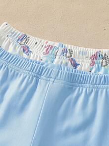 女童紧身睡衣套装，短袖短裤，可爱独角兽、爱心、星星、云朵印花，舒适面料，深受甜美优雅风格女孩的喜爱。 - 淺藍色 - 查看 5