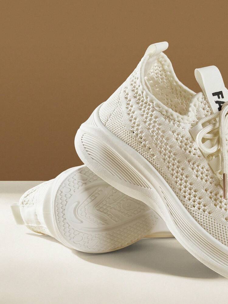CUCCOO EASI Women's Lace-Up Knitted Breathable Small Round Toe Thick Flat-Bottomed Casual Sneakers Comfortable And Simple Beige Knitted Casual Sneakers Daily Outdoor Commuting