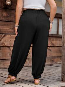 SHEIN CURVE+ Plus Size Women Solid Color Ruffle Waist Tie Ankle Pants - Black - View 2