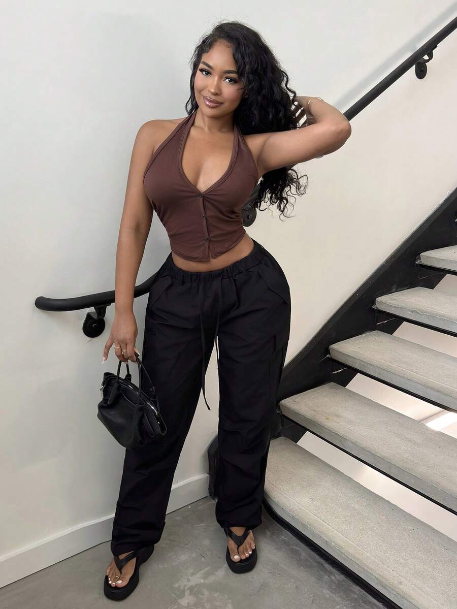 Alexandranx 新款女式亮片针织垂坠领上衣 - 棕色 - 查看 1