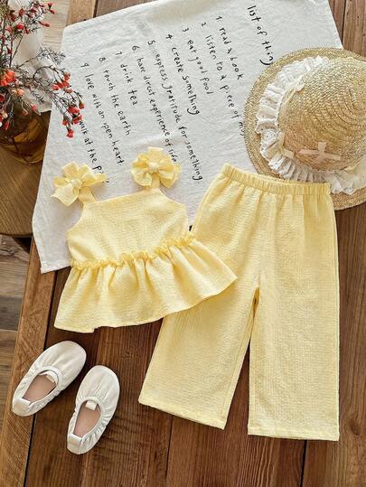 SHEIN LMoss Kids Babygirl Summer Cute Yellow Striped Camisole Top And Elastic Waist Pants Set