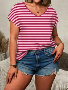 条纹印花V领短袖加大码T恤，加大码女式短袖T恤 - 彩色 - 查看 3