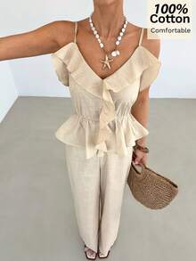 Siren Gaze Conjunto de 2 piezas de camiseta de tirantes con volantes de algodón nuevo para mujer, primavera/verano - Albaricoque - Ver 5