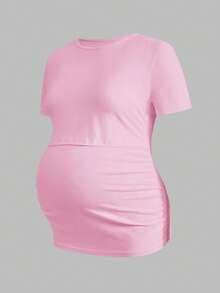 Modmama 3pcs/Set Pregnant Women Solid Color Ruched Nursing Function Casual Daily Short Sleeve Tops - Baby Blue - View 7
