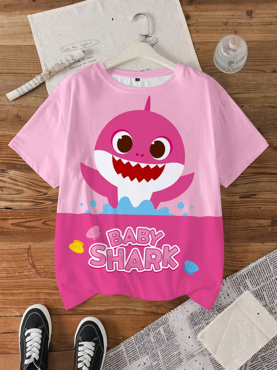BABY SHARK X SHEIN Áo thun ngắn tay cổ tròn in chữ hoạt hình cho bé gái, kiểu dáng thường ngày, đa năng. - trắng - Xem 1
