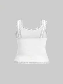 Slaydiva Chaleco básico casual de mujer talla grande, cuello estrecho, con ribete de encaje, textura acanalada, sin mangas, con pliegues laterales, color blanco. - Blanco - Ver 6