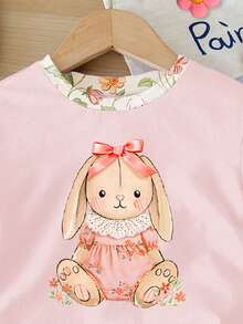 女婴休闲简约圆领宽松短袖T恤和修身骑行短裤套装，适合春夏穿着 - 彩色 - 查看 4