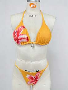 Swim SXY 印花三件套：三角吊带比基尼上衣、网纱露背连衣裙、性感沙滩泳装 - 彩色 - 查看 5
