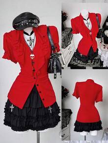 Sunspun Plus Size Mandarin Collar Ruffle Trim Casual Short Sleeve Shirt - Red - View 1