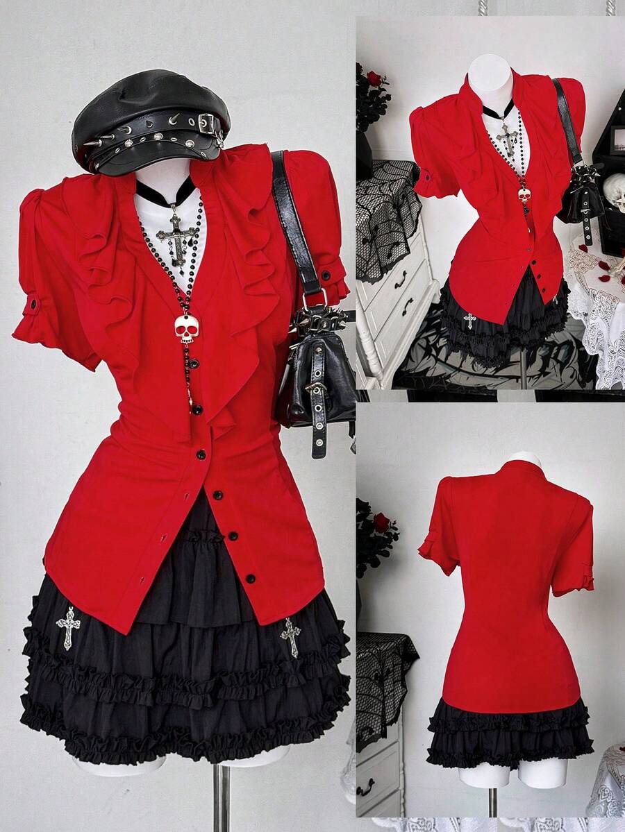 Sunspun Plus Size Mandarin Collar Ruffle Trim Casual Short Sleeve Shirt - Red - View 1