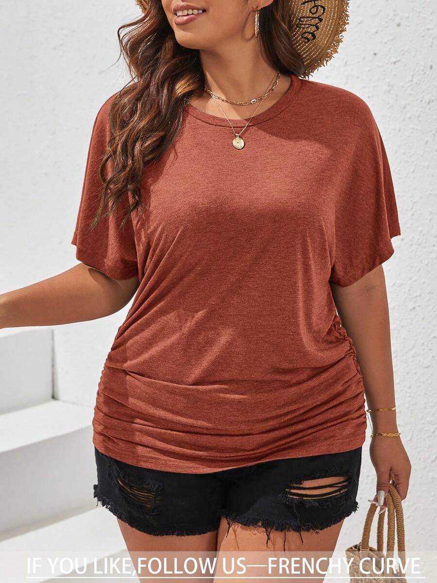 SHEIN Frenchy Plus Size Solid Color Round Neck Short Sleeve Casual Loose Breathable Summer T-Shirt - Orange - View 1