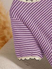 CosyJoli Áo thun nữ cỡ lớn mùa hè dáng rộng kẻ sọc cổ tròn - Bụi tím - Xem 3