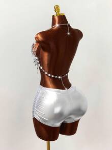 Mistrie Women's Rhinestone Glitter Halter Top , Silver Hollow-Out Gem Chain Top, Summer 70s Party Rave, Holographic Shiny Body Chain Jewelry - Silver - View 2