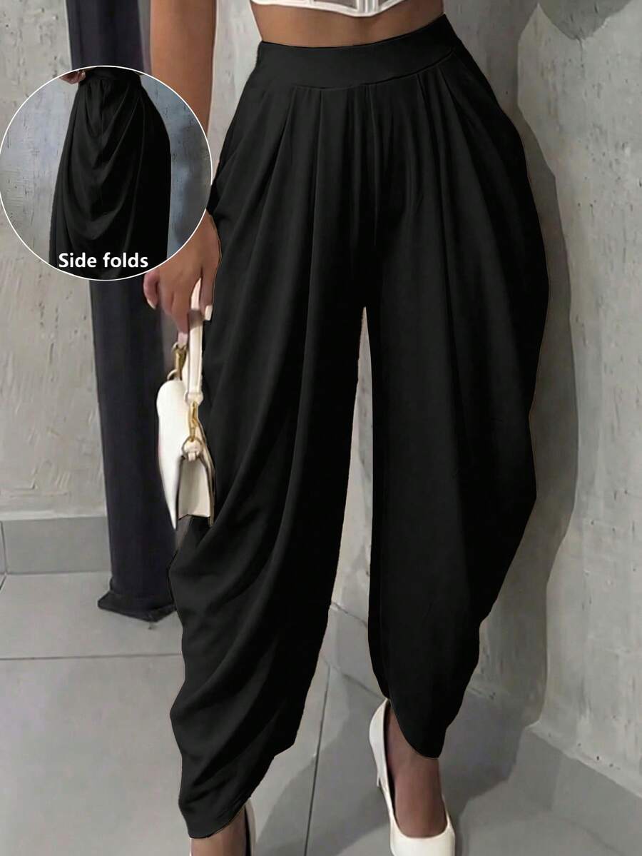 Firerie 女士优雅休闲日常通勤裤，杏色纯色宽松褶裥针织长裤，新款春夏女裤，适合度假、海滩、假日、教师装、职场等场合，时尚设计 - 黑色 - 查看 1