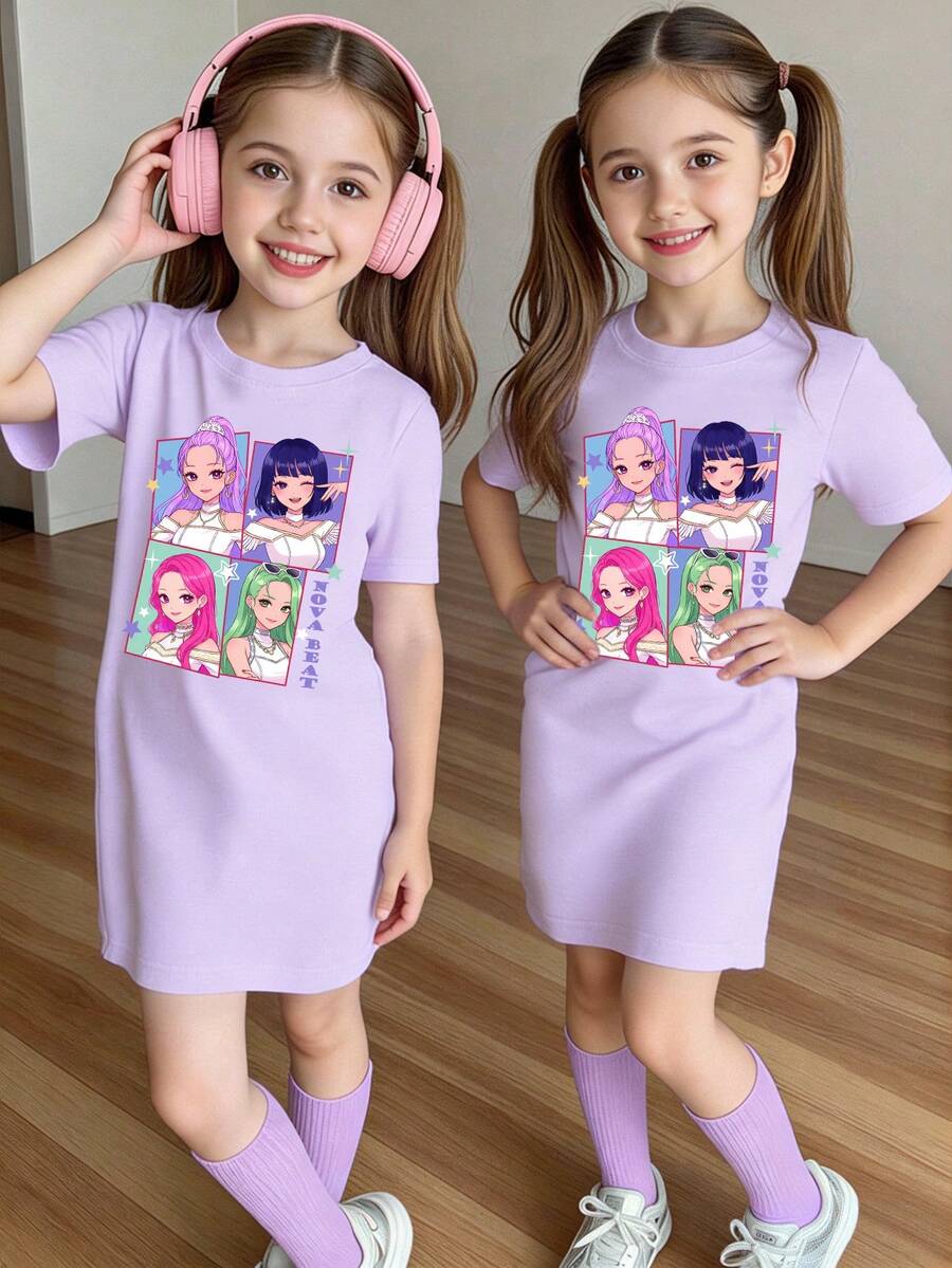 Spring & Summer Tween Girl Casual Fashionable Creative Personalized Refreshing Minimalist Cool Virtual Girl Group Colorful Pentagram Star Graphic Letter Slogan Print Casual Basic Short Sleeve T-Shirt Dress, Comfortable Outfit; Cozy Summer & Fall Tween Girl Atmosphere Outfit, Sets Girls Tshirt Dress Girls Dress Girls Clothes Kids Tshirt Dress Girls T-Shirt Dress Youth Girls Clothes Kids Clothes Ootd For Kids Girl - Khaki - View 1