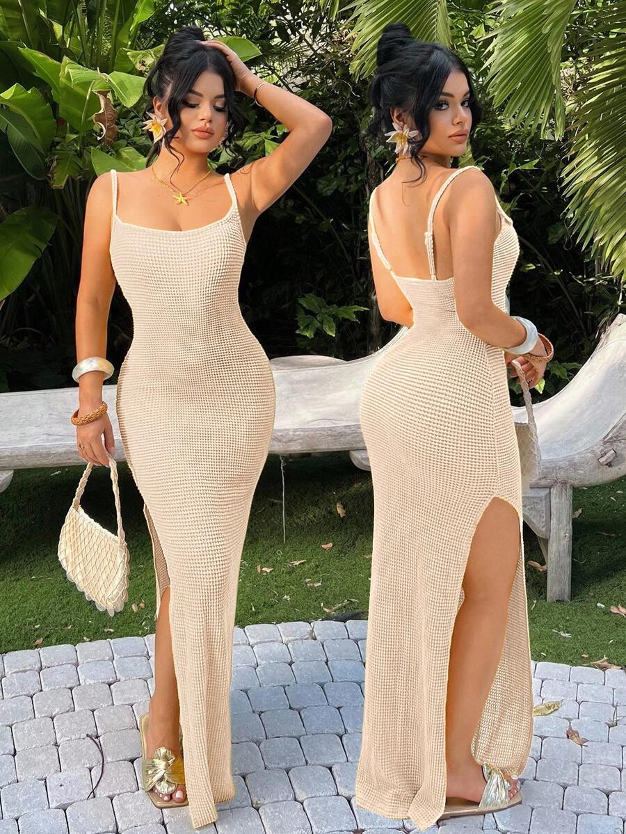 SHEIN SXY Vestido casual minimalista de talla grande con abertura en el bajo y unicolor - Albaricoque - Ver 1