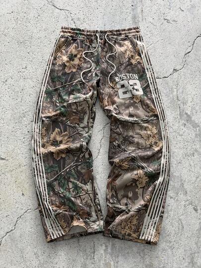 EVRINFINITE 男士INS风热销树枝印花抽绳腰宽松休闲运动裤，适合日常外出、送男友、参加锐舞派对、运动休闲、夏季穿着。