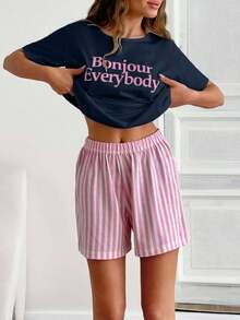 SHEIN Cottnline 2pcs/Set Women's Pure Cotton Printed Shorts And Slogan Print Top Loungewear Pajama Set - Navy Blue - View 3