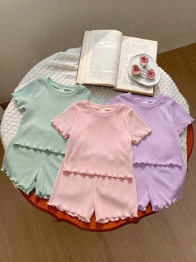 SHEIN LMoss Kids LMoss 6件套女婴纯色针织短袖上衣和松紧腰短裤休闲套装