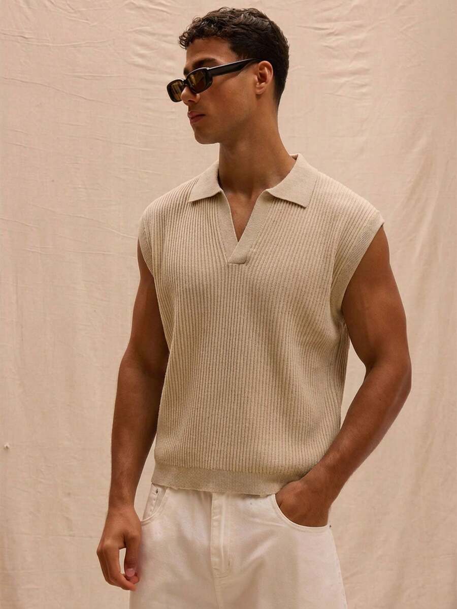 Musero V Neck Collared Drop Shoulder Lightweight Knit Sleeveless Sweater Vest Spring Summer Streetstyle Holiday Vacation - Apricot - View 1