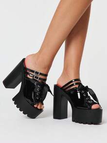 ROMWE Giày nữ gợi cảm, sandal cao gót hở mũi ren, phong cách Punk Gothic thanh lịch, khóa pha lê bóng bẩy, dây đai đôi, kiểu dáng slip-on, đế dày, thích hợp cho mùa xuân hè, tiệc tùng, lễ hội. - màu đen - Xem 3