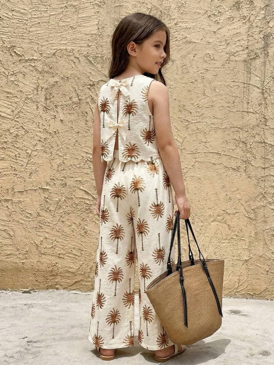 SHEIN 女童杏色棕榈树印花露背蝴蝶结无袖上衣和阔腿裤休闲度假两件套 - 杏色 - 查看 1