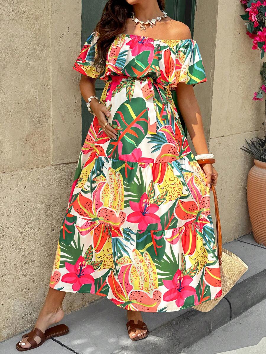 SHEIN Đầm trễ vai xếp tầng bồng bềnh, phong cách nghỉ dưỡng mùa hè dành cho bà bầu, họa tiết nhiệt đới. - Nhiều màu - Xem 1