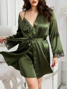 SilkySpell Embroidered Trim V-Neck Plus Size Camisole Nightgown And Long Sleeve Robe Satin Pajama Set, 2pcs - Army Green - View 4