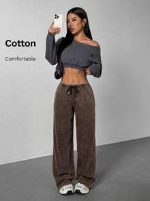 SHEIN PETITE Pantalones de chándal rectos de cintura baja para mujer, apropiados para el verano, lavados - Café integral - Ver 7