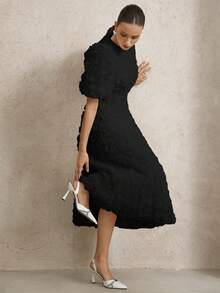 BELROSIE French Romantic Rose 3D Decor V-Neck Petal Sleeve Cinched Waist Dress For Women - Black - View 4