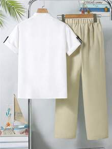 Vacaura 2pcs/Set Tween BoysSummer Stand Collar Casual Versatile Shirt + Solid Color Simple Pocket Pants Outfit, Suitable For Daily Wear And Outdoor - Apricot - View 2