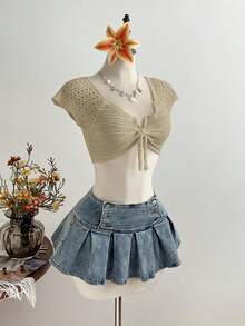 Flirla Casual Versatile Vacation Style Women Short Sweater - Khaki - View 3