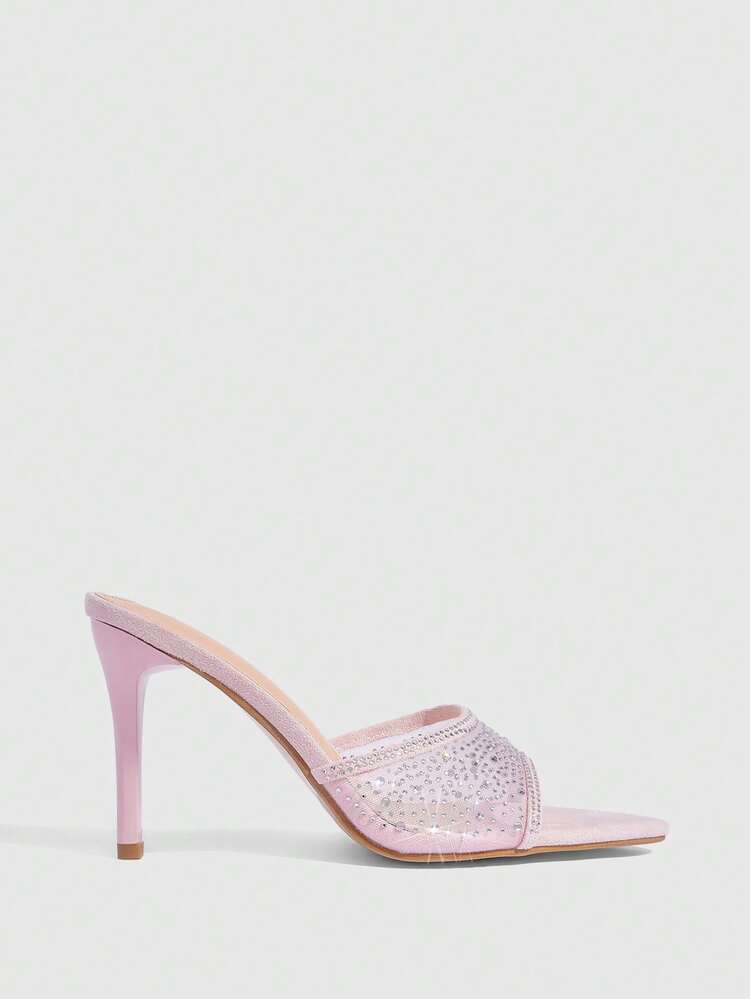 CUCCOO SZL Ladies Summer New Pink Mesh Rhinestone High Heel Sandals Fashion Gorgeous Sexy Party Ladies Sandals Slippers