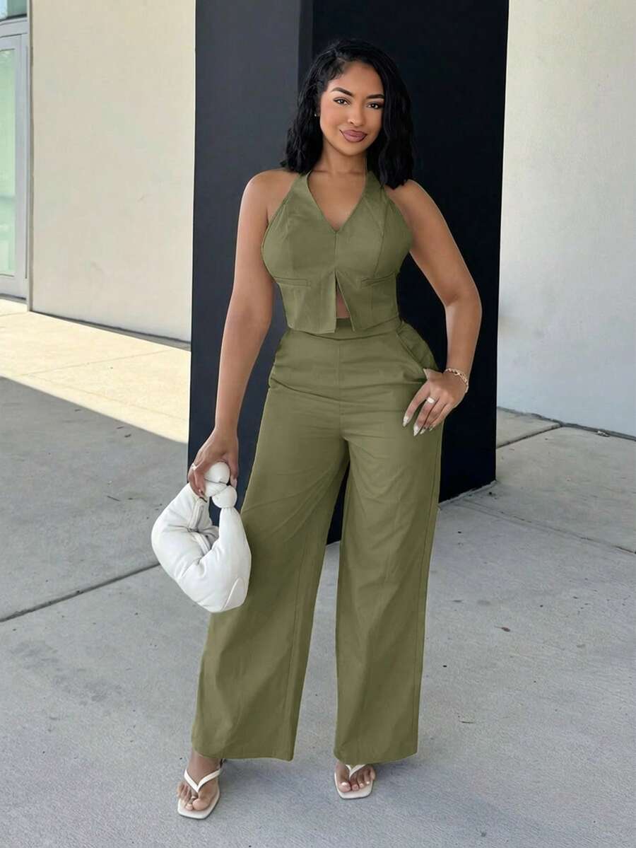 Alexandranx Deep V-Neck Backless Vest And Wide Leg Pants Suit, Office Lady & Casual Wear - Green - View 1