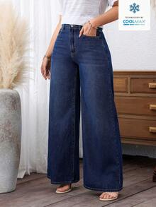 SHEIN PETITE Women's Fashion Wide-Leg Jeans - Dark Wash - View 5