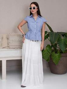 Duda Rubert 休闲风格收腰前开连帽短袖衬衫 - 藍白色 - 查看 4