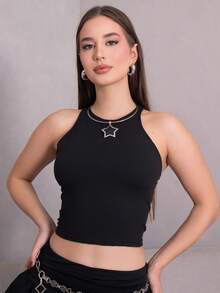 Duda Rubert 女式露背交叉肩带修身短款性感吊带背心 - 黑色 - 查看 3