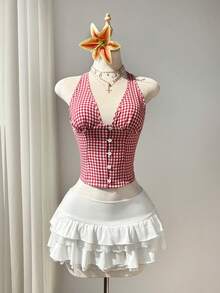 Elamini 红白格子棉质V领纽扣系带短款衬衫，复古简约风格，适合春夏通勤、休闲、约会、教学、上学和日常穿着。 - 紅白色 - 查看 3