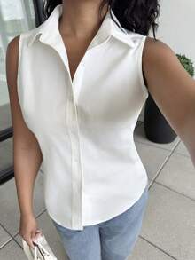 Alexandranx Camisa sin mangas con botones y cuello para mujer, blusa de manga larga casual para uso elegante, negocios y vestimenta formal - Blanco - Ver 5
