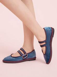 CUCCOO DOLLMOD Retro Contrast Trim Casual Comfortable Versatile Flat Shoes, Suitable For Walking, Travel And Vacation - Dusty Blue - View 3