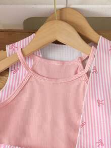 SHEIN Genkimix Kids 3件組少女夏季休閒細肩帶短版上衣、條紋短褲與腰帶裝飾無袖針織外套，極簡風女孩套裝 - 粉色 - 查看 4
