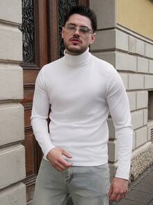LEOGASHI LEOGASHI Camiseta casual de cuello alto y unicolor para hombres, se puede usar como capa base, para otoño, top de manga larga - Blanco - Ver 5